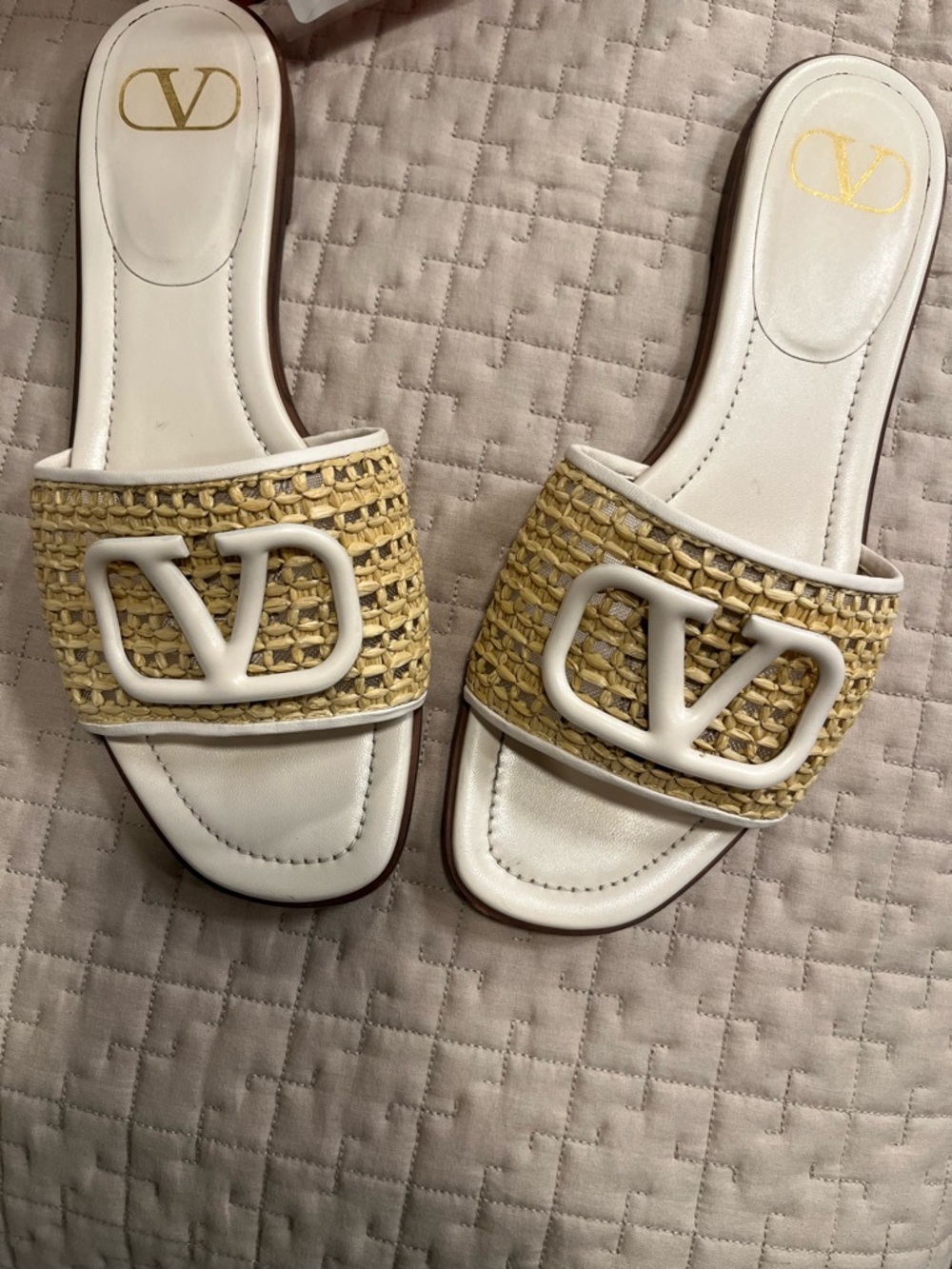 Valentino Garavani White Leather & Natural Raffia V-Logo Slide Sandals